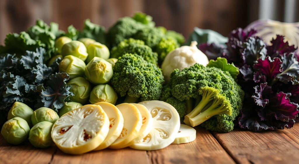 A close-up shot of an arrangement of fresh, vibrant cruciferous vegetables on a rustic wooden table, bathed in soft, natural lighting. In the foreground, neatly arranged are Brussels sprouts, broccoli florets, and kale leaves, their colors ranging from deep green to purple. In the middle ground, slices of cauliflower and cabbage add texture and depth. The background is blurred, creating a sense of focus on the nutrient-dense produce. The scene conveys a sense of health, vitality, and the liver-supportive properties of these cruciferous powerhouses. A close-up shot of an arrangement of fresh, vibrant cruciferous vegetables on a rustic wooden table, bathed in soft, natural lighting. In the foreground, neatly arranged are Brussels sprouts, broccoli florets, and kale leaves, their colors ranging from deep green to purple. In the middle ground, slices of cauliflower and cabbage add texture and depth. The background is blurred, creating a sense of focus on the nutrient-dense produce. The scene conveys a sense of health, vitality, and the liver-supportive properties of these cruciferous powerhouses.