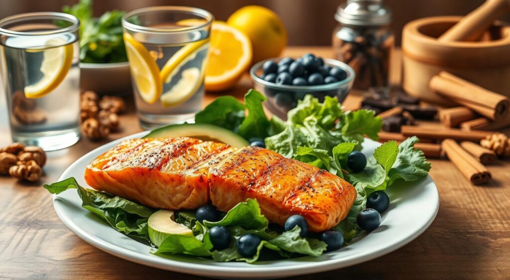 A close-up still life scene depicting various healthy foods and ingredients associated with boosting metabolism. In the foreground, a plate featuring grilled salmon, avocado slices, and a leafy green salad, lit from the side with warm, natural lighting. In the middle ground, a glass of water with lemon slices, a bowl of blueberries, and a jar of cinnamon. In the background, a wooden table with additional items like walnuts, dark chocolate, and a mortar and pestle. The overall mood is clean, crisp, and inviting, conveying the idea of a nutritious, metabolism-boosting meal.