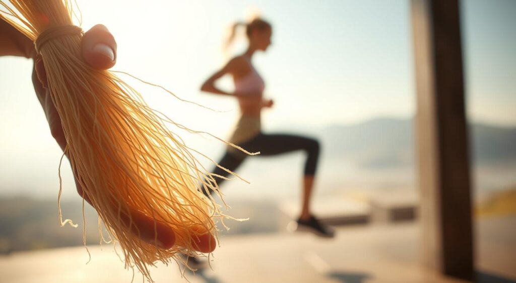 A close-up view of a hand holding a bundle of fiber strands, illuminated by soft, natural lighting. In the middle ground, a human figure, their silhouette partially obscured, is engaged in a dynamic exercise routine. The background features a serene, abstract landscape with subtle gradients, suggesting the interconnectedness of fiber, metabolism, and overall well-being. The composition emphasizes the central role of fiber in maintaining a healthy, active lifestyle, conveying a sense of balance and vitality.