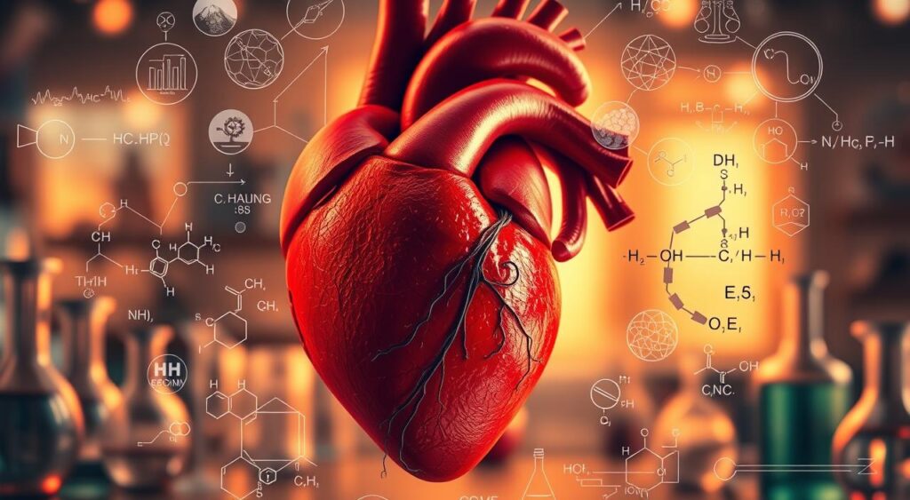 A close-up view of a human heart, surrounded by a halo of scientific diagrams, charts, and microscopic imagery. The heart is rendered in vivid detail, showcasing its intricate structure and pulsing rhythm. In the middle ground, molecular models and chemical equations illustrate the complex biochemical processes that regulate heart health. The background is a softly blurred laboratory setting, with test tubes, beakers, and other scientific equipment, creating a sense of scientific inquiry and discovery. Warm, diffused lighting illuminates the scene, evoking a sense of wonder and the pursuit of knowledge. The overall tone is one of scientific exploration and the quest to understand the vital mechanisms that sustain a healthy heart. A close-up view of a human heart, surrounded by a halo of scientific diagrams, charts, and microscopic imagery. The heart is rendered in vivid detail, showcasing its intricate structure and pulsing rhythm. In the middle ground, molecular models and chemical equations illustrate the complex biochemical processes that regulate heart health. The background is a softly blurred laboratory setting, with test tubes, beakers, and other scientific equipment, creating a sense of scientific inquiry and discovery. Warm, diffused lighting illuminates the scene, evoking a sense of wonder and the pursuit of knowledge. The overall tone is one of scientific exploration and the quest to understand the vital mechanisms that sustain a healthy heart.