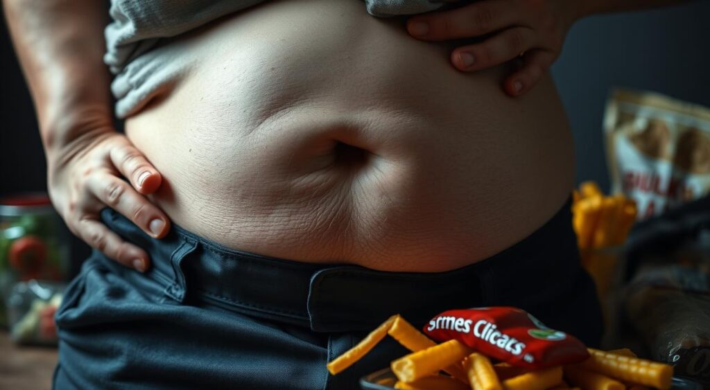 A close-up view of an overweight person's stomach, slightly distended, accompanied by visual cues suggesting negative health consequences of frequent overeating. The foreground features a tightened waistband and a hand grasping the abdomen, conveying discomfort and bloating. The middle ground showcases a selection of unhealthy snacks and processed foods, hinting at the potential dietary causes. The background is dimly lit, casting a somber, cautionary mood. Illumination is soft and natural, highlighting the texture of the skin and the unsettling signs of unhealthy eating habits. The overall composition aims to visually communicate the potential downsides of frequent, uncontrolled consumption of food.