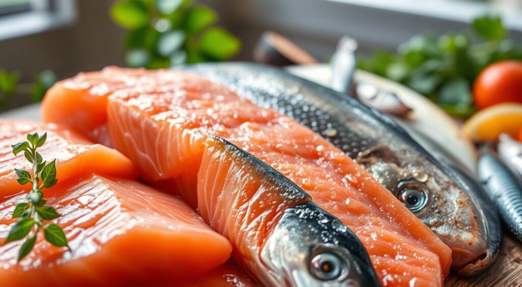A closeup of an assortment of fresh, vibrant fish including salmon, mackerel, and sardines, arranged on a wooden surface with a background of greenery and natural light filtering through. The fish are glistening with moisture, their scales catching the light and drawing the viewer's attention to their nutritional value. The scene conveys a sense of health, vitality, and the importance of incorporating seafood into a balanced diet for optimal brain function.