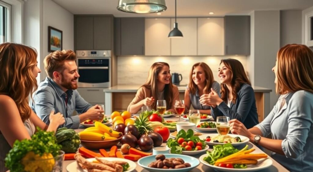 A cozy gathering of friends enjoying a Whole30-friendly meal, captured in a warm, inviting atmosphere. In the foreground, a table is set with an assortment of fresh, colorful ingredients, while in the middle ground, the group engages in lively conversation, their faces lit by soft, natural lighting. The background features a stylish, modern kitchen with minimalist decor, creating a sense of balance and harmony. The overall mood is one of camaraderie, healthfulness, and the joy of sharing a meal together, reflecting the section's focus on navigating social situations during the Whole30 journey.
