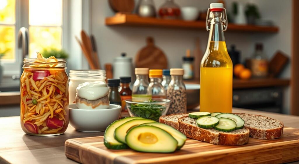 A cozy kitchen counter showcases an assortment of fermented foods: tangy sauerkraut in a glass jar, creamy yogurt in a ceramic bowl, and golden kombucha in a tall bottle. Warm overhead lighting casts a soft glow, highlighting the vibrant colors and textures of these probiotic-rich delicacies. In the foreground, a wooden cutting board displays freshly sliced avocado, cucumber, and whole grain bread, ready to be topped with the nutritious fermented fare. The middle ground features a variety of spices, herbs, and condiments, hinting at the flavorful possibilities of incorporating these gut-healthy ingredients into everyday meals. The background blurs into a serene, minimalist kitchen, inviting the viewer to imagine how they might weave fermented foods seamlessly into their own culinary routines.