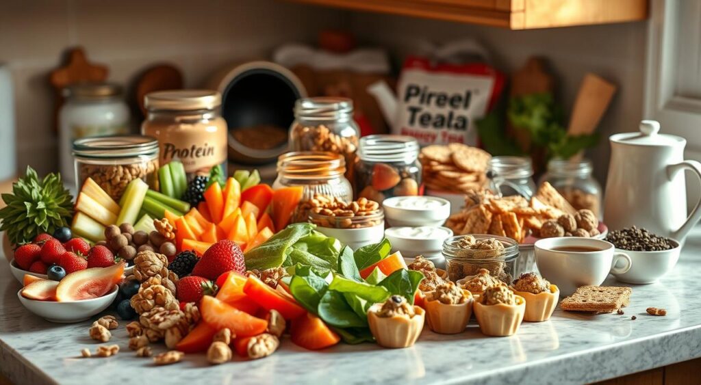 A cozy kitchen countertop overflowing with a tempting array of homemade diabetic snacks. In the foreground, an assortment of fresh fruit slices, nut clusters, and bite-sized veggie cups. In the middle, jars of protein-rich hummus and creamy Greek yogurt dips. The background features a selection of whole-grain crackers, seed-based energy bites, and fragrant herbal tea. Soft, natural lighting casts a warm, inviting glow over the scene, highlighting the vibrant colors and textures of the carefully curated snacks. The overall atmosphere conveys a sense of health, simplicity, and the comforting joy of wholesome, homemade treats.