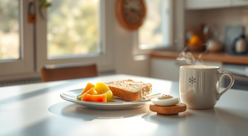A cozy kitchen on a bright weekend morning. On the table, a plate with a balanced, mindful meal - fresh fruit, whole grain toast, and a hardboiled egg. Soft natural light filters through the window, creating a warm, calming atmosphere. A mug of steaming tea sits nearby, the steam gently rising. The scene exudes a sense of intentionality and care, encouraging a relaxed, present-moment experience of nourishing oneself. The composition is clean and uncluttered, allowing the food and the peaceful setting to be the focal points.