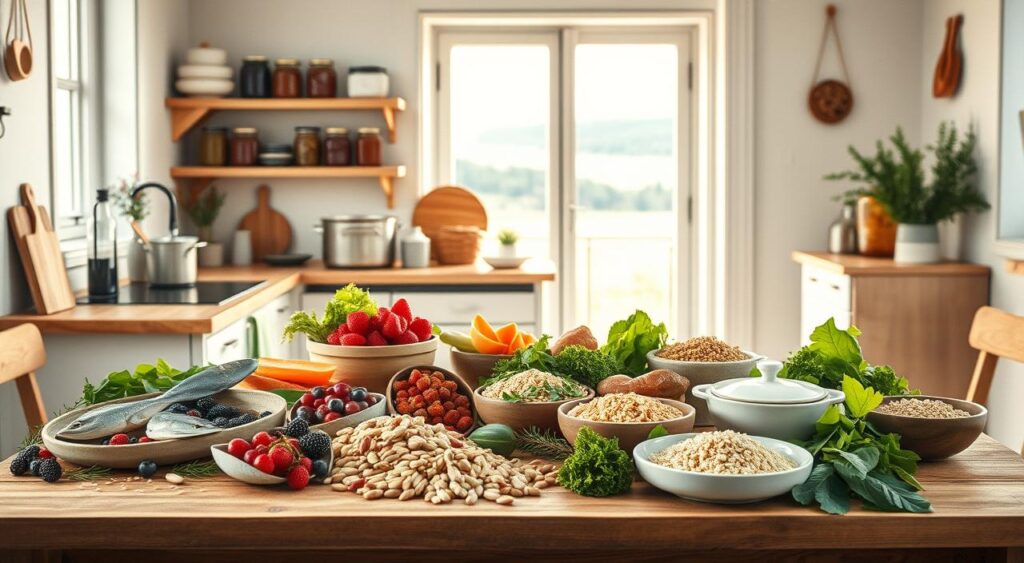 A cozy kitchen scene showcasing the Nordic diet. In the foreground, a wooden table laden with fresh seafood, whole grains, berries, and leafy greens. Soft, natural lighting filters through the window, casting a warm glow. In the middle ground, shelves display jars of preserved foods and traditional cookware. The background features a minimalist, Scandinavian-inspired interior with white walls, light wood accents, and a glimpse of a serene outdoor landscape. The overall atmosphere is one of simplicity, nourishment, and hygge - the Danish concept of cozy contentment.