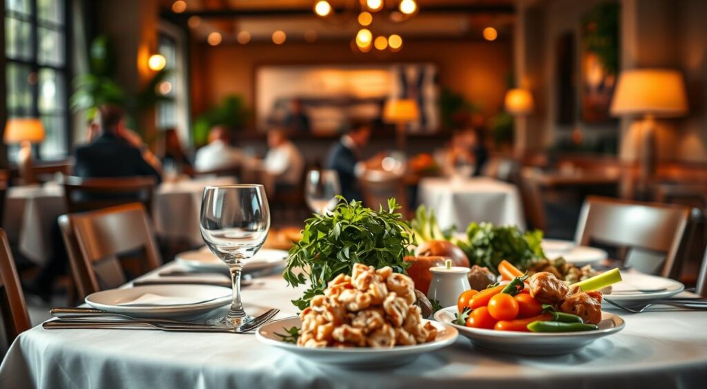 A cozy restaurant interior with a focus on a table set for a healthy, insulin-resistant friendly meal. The table is adorned with a crisp white tablecloth, modern dinnerware, and a centerpiece of fresh herbs and vegetables. Warm, diffused lighting casts a soft glow, creating an inviting atmosphere. In the background, blurred silhouettes of diners enjoying their meals, emphasizing the social aspect of dining out while maintaining a healthy lifestyle. The composition highlights the key elements of a balanced, insulin-sensitive meal - lean protein, complex carbohydrates, and an abundance of fiber-rich produce. The overall scene conveys a sense of mindful, nutritious indulgence.