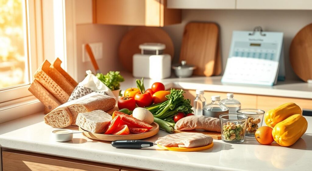 A crisp, clean kitchen counter with a variety of diabetes-friendly foods arranged neatly - whole grain breads, fresh vegetables, lean proteins, and low-glycemic fruits. A glucometer, insulin pen, and measuring cups are placed strategically, indicating the careful management of carbohydrates. Warm, natural lighting filters through a nearby window, creating a sense of tranquility and control. In the background, a calendar or planner is visible, suggesting a structured approach to meal planning and carb tracking. The overall scene conveys a balanced, mindful approach to managing diabetes through carbohydrate awareness and portion control.