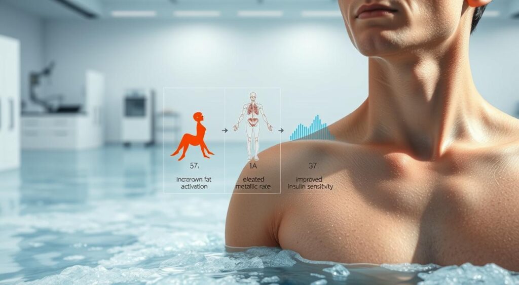 A crisp, clinical image showcasing the metabolic benefits of cold exposure. In the foreground, a person's torso immersed in icy water, their skin flushed with a healthy glow. In the middle ground, a schematic diagram illustrating the body's physiological responses - increased brown fat activation, elevated metabolic rate, and improved insulin sensitivity. The background features a minimalist, clean-lined laboratory setting, with scientific equipment and data visualizations hinting at the rigorous research underpinning the topic. The lighting is bright and direct, emphasizing the clarity and precision of the scene. Captured with a wide-angle lens to provide a comprehensive, almost clinical perspective on this powerful natural health intervention. A crisp, clinical image showcasing the metabolic benefits of cold exposure. In the foreground, a person's torso immersed in icy water, their skin flushed with a healthy glow. In the middle ground, a schematic diagram illustrating the body's physiological responses - increased brown fat activation, elevated metabolic rate, and improved insulin sensitivity. The background features a minimalist, clean-lined laboratory setting, with scientific equipment and data visualizations hinting at the rigorous research underpinning the topic. The lighting is bright and direct, emphasizing the clarity and precision of the scene. Captured with a wide-angle lens to provide a comprehensive, almost clinical perspective on this powerful natural health intervention.
