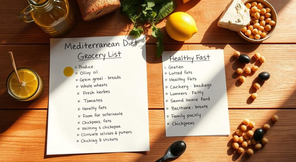 A crisp, well-lit image of a wooden table with a handwritten Mediterranean diet grocery list. The list is neatly organized into categories like 