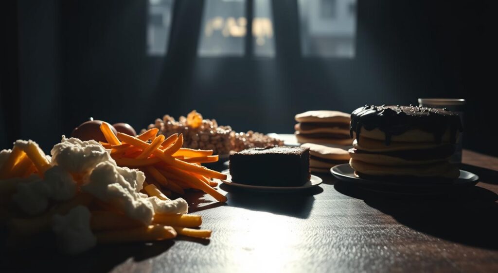 A dark, shadowy table in a dimly lit room, showcasing an array of unhealthy, high-carb foods to avoid on a low-carb diet. In the foreground, a pile of fluffy white bread, crispy french fries, and a decadent chocolate cake, all casting long, ominous shadows. In the middle ground, a bowl of sugary breakfast cereal and a stack of pancakes dripping with syrup. In the background, a hazy outline of a cheeseburger and a soda can, highlighting the temptations to be resisted. The scene is lit from the side, creating dramatic chiaroscuro lighting that emphasizes the forbidden nature of these high-carb indulgences.