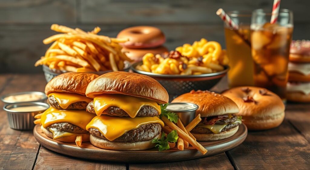 A decadent still life of high-calorie density foods, meticulously arranged on a rustic wooden table. In the foreground, a pile of gooey, melted cheeseburgers, their buns glistening with butter. Beside them, a towering stack of crispy, golden French fries, accompanied by a creamy dipping sauce. In the middle ground, a platter of rich, creamy macaroni and cheese, topped with a generous sprinkling of bacon bits. In the background, a selection of sugary, frosted donuts and a tall, fizzy soda, their vibrant colors and reflective surfaces adding depth and contrast to the scene. The lighting is warm and soft, casting a cozy, indulgent atmosphere, inviting the viewer to indulge in these tempting, high-calorie treats.