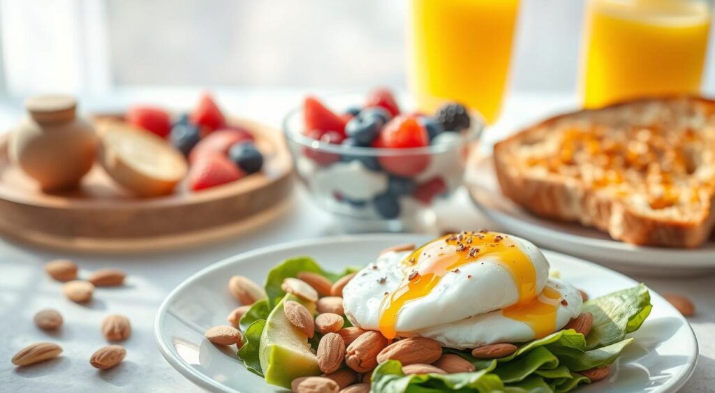 A delectable arrangement of nutritious breakfast items set against a bright, airy backdrop. In the foreground, a plate showcases a medley of avocado slices, sliced almonds, and a poached egg. The middle ground features a bowl brimming with Greek yogurt, topped with fresh berries and a drizzle of honey. In the background, a platter of crisp, golden-brown toast and a glass of freshly squeezed orange juice complete the scene. Soft, natural lighting casts a warm glow, emphasizing the vibrant colors and inviting textures of this wholesome, diabetes-friendly breakfast.