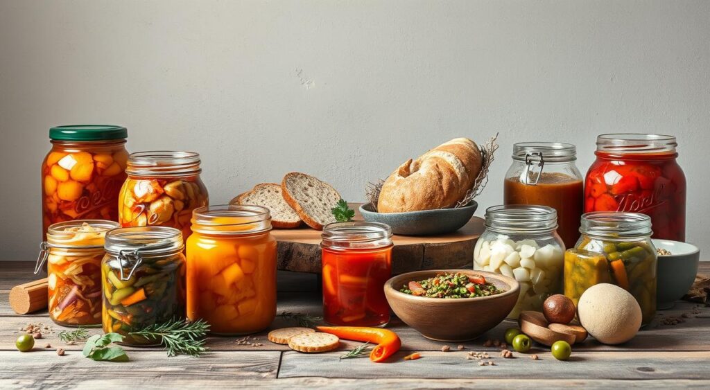 A delectable arrangement of popular fermented foods, captured in a warm, earthy still life. In the foreground, a variety of colorful jars and bowls showcase the rich textures and hues of sauerkraut, kimchi, miso, and pickled vegetables. The middle ground features a rustic wooden surface, adorned with freshly baked bread, crackers, and a scattering of herbs. In the background, a simple, neutral-toned wall provides a minimalist backdrop, allowing the vibrant hues and artisanal details of the fermented delicacies to take center stage. Soft, diffused lighting casts a gentle glow, enhancing the natural beauty and appeal of these probiotic-rich culinary treasures.