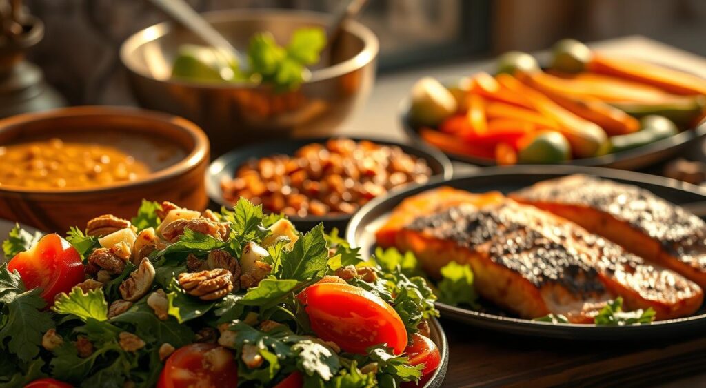 A delectable spread of heart-healthy dishes, bathed in warm, golden light and captured through a softly focused lens. In the foreground, a vibrant salad overflows with leafy greens, vibrant tomatoes, and crunchy nuts. Behind it, a steaming bowl of hearty lentil soup, its rich aroma permeating the scene. In the middle ground, grilled salmon fillets sizzle on a cast-iron skillet, their delicate, omega-3-rich flesh glistening. In the background, a platter of roasted vegetables - Brussels sprouts, sweet potatoes, and carrots - arranged in a visually appealing pattern. The overall atmosphere is one of nourishment, comfort, and a commitment to cardiovascular well-being.