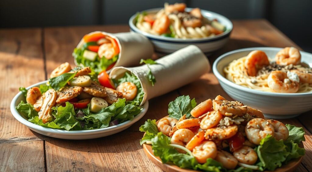 A delectable spread of low-carb lunch recipes, artfully arranged on a rustic wooden table. In the foreground, a hearty grilled chicken salad with fresh greens, avocado, and a tangy vinaigrette dressing. In the middle, a crisp, colorful veggie wrap with creamy hummus, sliced bell peppers, and a sprinkle of toasted seeds. In the background, a bowl of creamy, protein-packed zucchini noodle A delectable spread of low-carb lunch recipes, artfully arranged on a rustic wooden table. In the foreground, a hearty grilled chicken salad with fresh greens, avocado, and a tangy vinaigrette dressing. In the middle, a crisp, colorful veggie wrap with creamy hummus, sliced bell peppers, and a sprinkle of toasted seeds. In the background, a bowl of creamy, protein-packed zucchini noodle