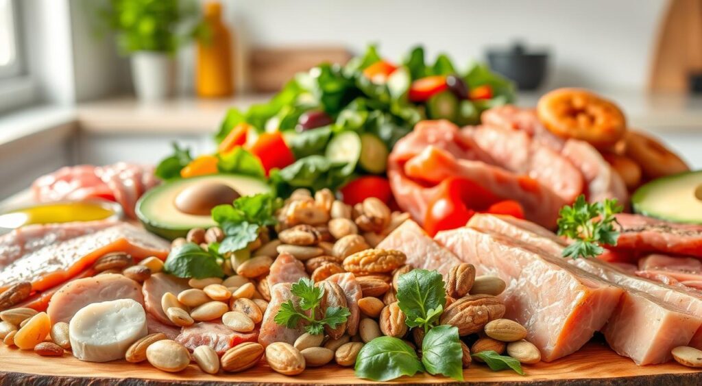 A delectable spread of nutritious ingredients for a diabetic-friendly diet, expertly arranged to showcase the best protein and fat sources. In the foreground, succulent cuts of lean meat, poultry, and fish accompanied by a variety of nuts, seeds, and avocado slices. In the middle ground, a vibrant salad featuring leafy greens, colorful vegetables, and a drizzle of olive oil dressing. The background is a clean, minimalist kitchen setting, with natural lighting highlighting the colors and textures of the wholesome meal components. The overall tone is one of health, balance, and culinary artistry, designed to lower A1C levels safely and deliciously.