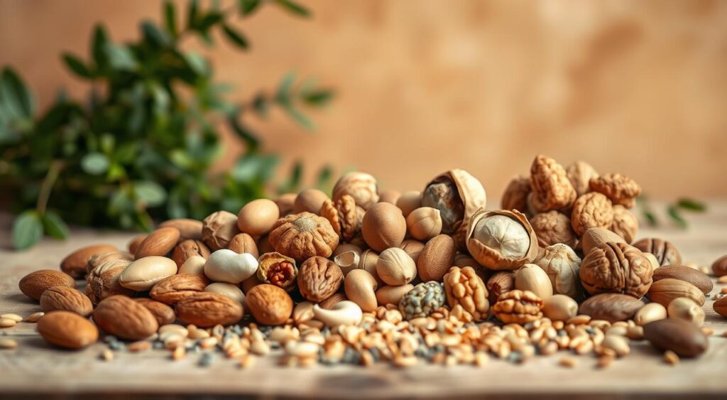 A delicate still life arrangement showcasing an assortment of nutritious nuts and seeds against a warm, earthy background. In the foreground, a medley of almonds, walnuts, pecans, and cashews are elegantly scattered, their rich brown tones complemented by the golden hues of sunflower, pumpkin, and chia seeds. The midground features a cluster of whole and shelled hazelnuts, their delicate shells contrasting with the cracked open variety. In the background, a soft, blurred backdrop of lush greenery and muted natural textures evokes a sense of wholesome, organic vitality. Soft, directional lighting casts gentle shadows, emphasizing the varied shapes, textures, and tones of this nourishing superfood selection.