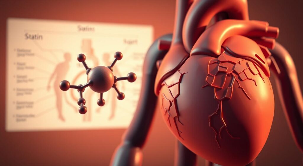 A detailed 3D medical illustration showcasing the effects of statins on heart health. In the foreground, a cross-section of the human heart, with a focus on the coronary arteries. The arteries are depicted with a buildup of plaque, highlighting the role of statins in reducing cholesterol and improving blood flow. In the middle ground, a molecular model of a statin drug, surrounded by representations of cholesterol molecules, emphasizing the mechanism of action. In the background, a minimalist anatomical diagram of the circulatory system, providing context and emphasizing the broader cardiovascular benefits of statin therapy. The scene is lit with a warm, medical-grade lighting, casting subtle shadows and creating a sense of depth and realism. The overall tone is informative and educational, conveying the importance of understanding statins and their role in maintaining heart health.