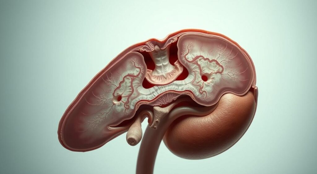 A detailed, anatomical cross-section of the human adrenal gland, situated atop the kidneys. The cortex, where cortisol is produced, is prominently featured, rendered in muted, earthly tones. Soft, even lighting illuminates the intricate structures, while a minimal, clinical background emphasizes the scientific nature of the subject. The image conveys a sense of balance and control, reflecting the delicate regulatory role of cortisol in the body.