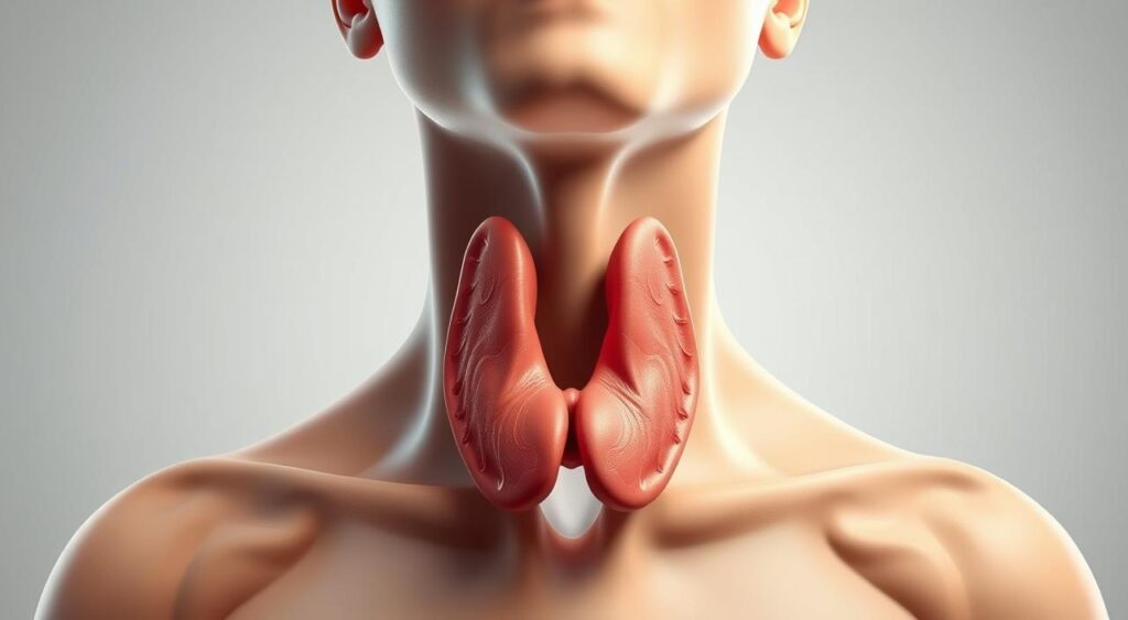 A detailed anatomical illustration of the human thyroid gland, showcased against a clean, minimalist background. The gland is displayed in a realistic 3D rendering, with precise details of its lobes, isthmus, and surrounding structures. Soft, directional lighting illuminates the subject, creating depth and emphasizing the gland's intricate textures and contours. The overall composition conveys a sense of scientific study and medical clarity, suitable for educational purposes.