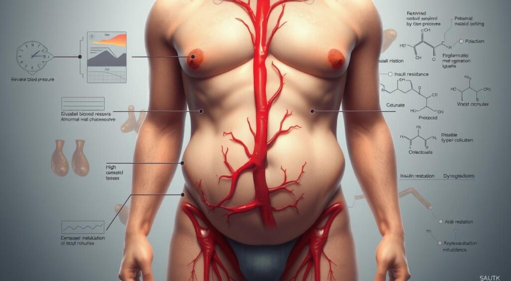 A detailed anatomical illustration showcasing the key components of metabolic syndrome. The foreground features a human figure with enlarged abdominal region, highlighted blood vessels, and visible adipose tissue deposits. The middle ground depicts the interconnected physiological markers - elevated blood pressure, high blood sugar, abnormal cholesterol levels, and increased waist circumference. The background contains subtly rendered molecular structures and chemical diagrams related to insulin resistance, inflammation, and dysregulated metabolism. The lighting is soft and evenly distributed, with a clinical, educational tone. The overall composition emphasizes the complex, multifaceted nature of this metabolic disorder, presented in a visually striking and informative manner.