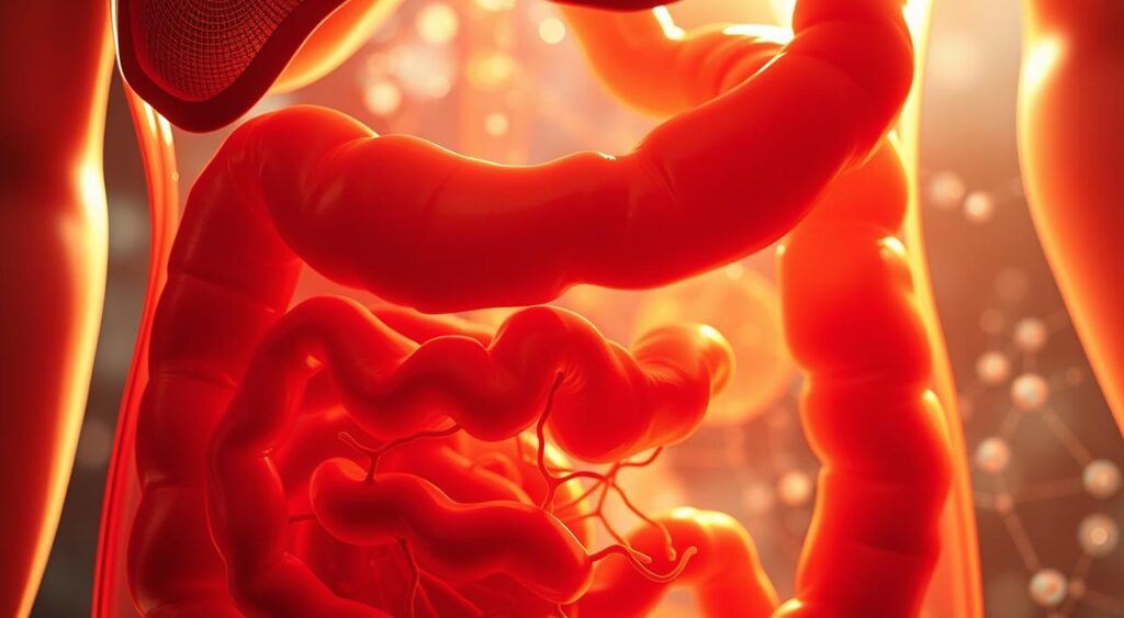 A detailed close-up of a human digestive system, illuminated by warm, natural lighting. The foreground focuses on the stomach and intestines, with a vibrant, intricate network of blood vessels and nerve endings pulsing with energy. In the middle ground, the pancreas and liver are visible, their metabolic processes depicted in a mesmerizing dance of chemical reactions. The background fades into a hazy, ethereal realm, suggesting the complex interplay of hormones, enzymes, and cellular mechanisms that govern the body's metabolic response to a hearty breakfast. The overall impression is one of visual fascination, highlighting the dynamic, interconnected nature of the digestive and metabolic systems.