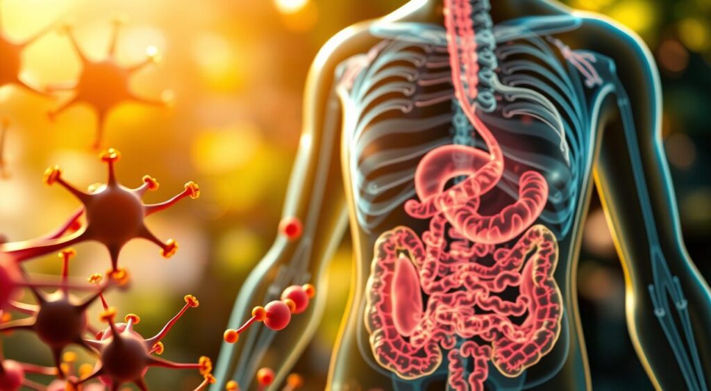 A detailed close-up of the human metabolic system, showcasing the intricate processes involved in weight loss. In the foreground, a vibrant visualization of cellular activity, with mitochondria and enzymes depicted in vivid colors. In the middle ground, a stylized representation of the digestive tract, highlighting the role of nutrients and calorie absorption. In the background, a subtle outline of the human form, symbolizing the transformation from excess weight to a leaner, more energetic physique. The scene is bathed in a warm, natural lighting, creating a sense of vitality and balance. The overall composition conveys the interconnectedness of metabolism and weight management, inspiring a deeper understanding of this complex, yet essential biological process.
