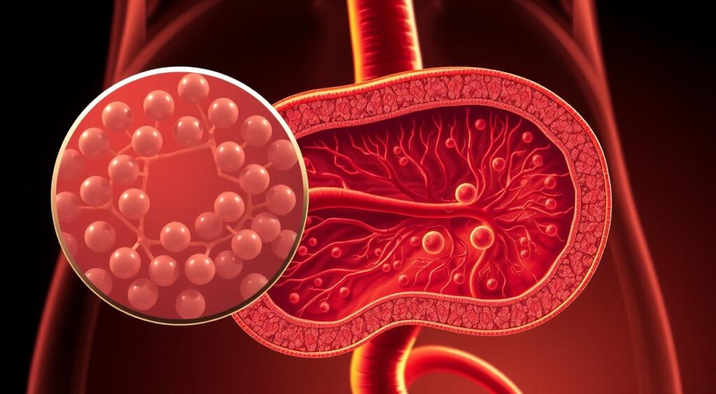 A detailed cross-section illustration of the human pancreas, showcasing the intricate process of blood sugar regulation. In the foreground, a magnified view of islet cells, surrounded by a network of capillaries and beta cells that produce insulin. In the middle ground, the pancreatic duct system that transports the insulin into the bloodstream. In the background, a stylized representation of the liver and muscle tissues, where glucose is stored and utilized. Warm lighting illuminates the scene, creating a sense of depth and scientific precision. Rendered in a clean, technical style with a muted color palette to emphasize the biological mechanisms at work. A detailed cross-section illustration of the human pancreas, showcasing the intricate process of blood sugar regulation. In the foreground, a magnified view of islet cells, surrounded by a network of capillaries and beta cells that produce insulin. In the middle ground, the pancreatic duct system that transports the insulin into the bloodstream. In the background, a stylized representation of the liver and muscle tissues, where glucose is stored and utilized. Warm lighting illuminates the scene, creating a sense of depth and scientific precision. Rendered in a clean, technical style with a muted color palette to emphasize the biological mechanisms at work.