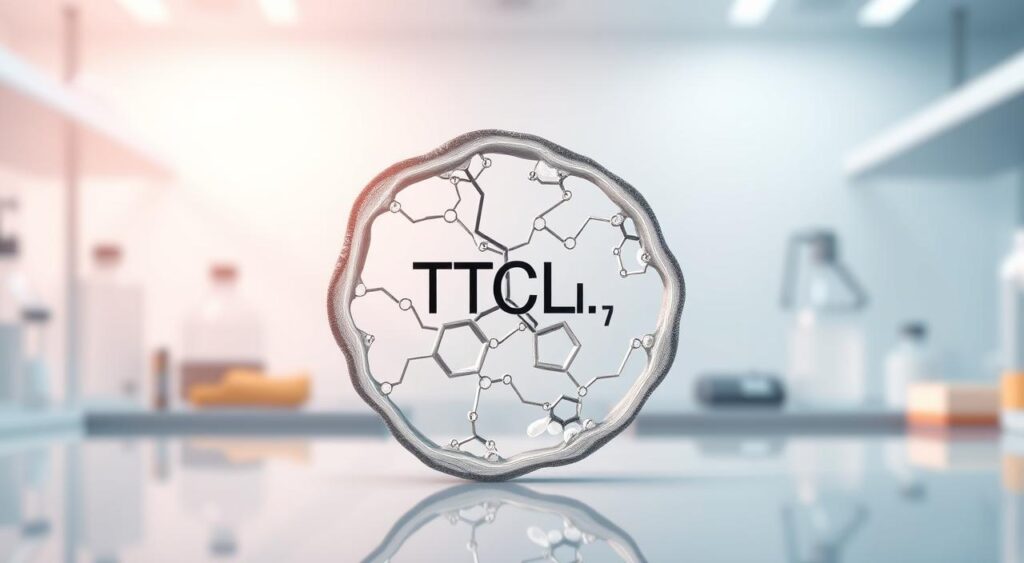 A detailed cross-section of a triglyceride molecule, rendered in high-resolution photorealistic style. The triglyceride is prominently displayed in the center, with its three fatty acid chains and glycerol backbone clearly visible. The background is a clean, minimalist laboratory setting with soft lighting and a depth of field effect, allowing the triglyceride to be the focal point. The overall mood is one of scientific study and understanding, conveying the importance of this fundamental lipid in human health and metabolism.