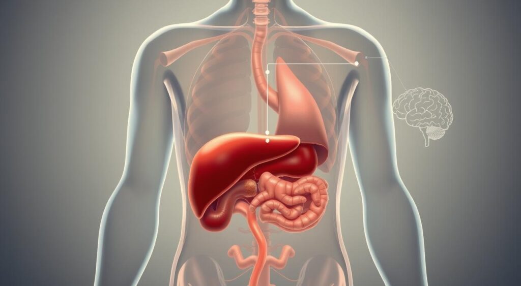 A detailed cross-section of the human body, showcasing the effects of intermittent fasting on blood sugar regulation. In the foreground, a stylized pancreas emits pulses of insulin, regulating glucose levels in the bloodstream. The middle ground depicts the liver and muscles, with visual cues highlighting improved insulin sensitivity. In the background, a simplified brain diagram illustrates the cognitive benefits associated with balanced blood sugar. Soft, muted tones evoke a sense of biological harmony, while strategic lighting emphasizes the interconnected nature of these physiological processes. Rendered in a clean, scientific illustration style with a focus on anatomical accuracy.