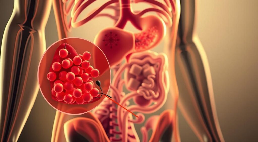 A detailed cross-section view of the human body during fasting, showcasing the process of fat oxidation. In the foreground, a stylized illustration depicts the breakdown of fat cells, with mitochondria actively metabolizing fatty acids. The middle ground features a three-dimensional rendering of the liver, pancreas, and other key organs involved in the fasting metabolic process. The background is a softly blurred, realistic depiction of the human anatomy, providing context and depth. The lighting is warm and slightly muted, creating a sense of introspection and focus. The overall tone conveys the scientific elegance and physiological complexity of the fat-burning mechanisms activated during intermittent fasting.