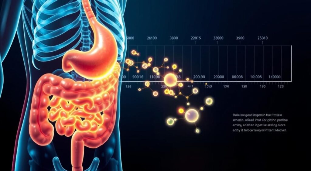 A detailed, cross-sectional diagram depicting the process of protein absorption over time. The foreground shows the digestive system, with the stomach, small intestine, and bloodstream clearly visible. In the middle ground, molecules of amino acids are being absorbed from the intestine into the bloodstream, represented by glowing lines and particles. The background features a timeline chart, charting the rate and quantity of protein absorption at different stages. The lighting is clean and clinical, with a cool, scientific color palette. The overall composition emphasizes the physiological mechanisms underlying optimal protein timing for muscle growth and recovery.