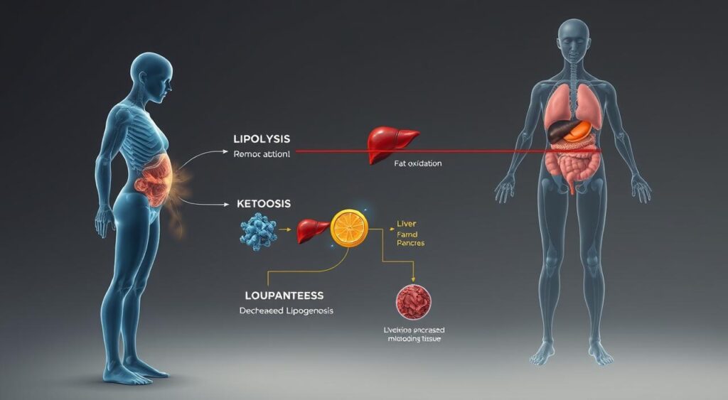 A detailed cross-sectional illustration depicting the key mechanisms of intermittent fasting for weight loss. In the foreground, a translucent human silhouette showcases the fat-burning process, with lipolysis and ketosis visually represented. The middle ground features a molecular-level view of cellular pathways, highlighting increased fat oxidation, reduced lipogenesis, and elevated mitochondrial activity. In the background, a stylized landscape of metabolic organs - liver, pancreas, and adipose tissue - illustrates the systemic physiological adaptations during intermittent fasting. The scene is rendered with a clean, scientific aesthetic using a muted color palette, crisp lighting, and a shallow depth of field to focus attention on the core weight loss mechanisms.