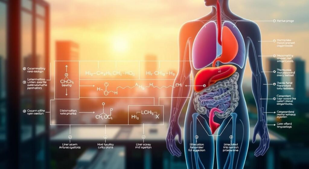 A detailed diagram of the human metabolism, showcasing its key components and processes. A cross-section of the body in the foreground, with the digestive system, liver, and other organs highlighted in vibrant colors. In the middle ground, a series of chemical reactions and metabolic pathways, depicted with clean, minimalist graphics. In the background, a softly blurred cityscape or natural setting, conveying the holistic nature of metabolism within the broader context of health and well-being. Crisp, high-resolution rendering with a balance of realism and stylized elements, creating an informative yet visually engaging illustration.