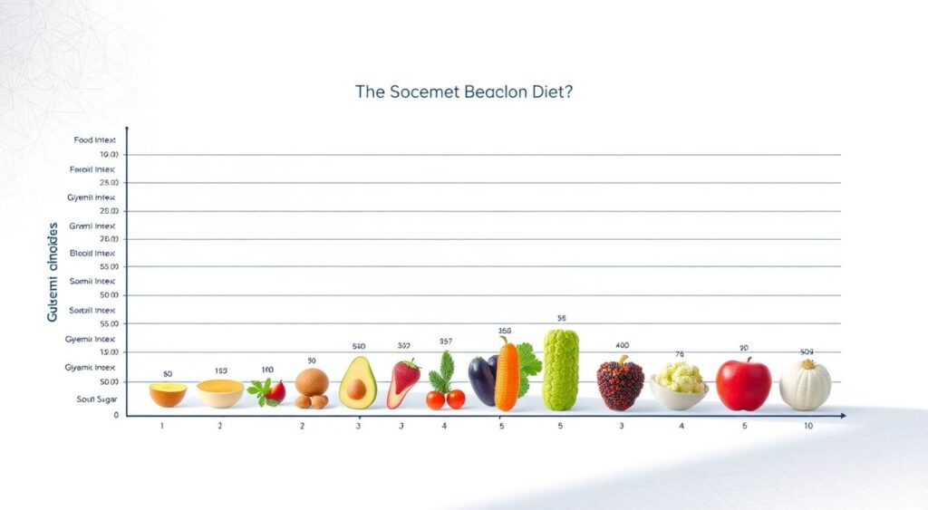 A detailed, diagrammatic illustration of the glycemic index, showcasing the relative impact of different foods on blood sugar levels. The foreground displays a clear, labeled graph with a prominent x-axis depicting food items and a y-axis representing glycemic index values. The middle ground features carefully arranged food icons, each positioned according to its corresponding glycemic index rating. The background is a minimalist, scientific-looking setting, with clean lines, subtle gradients, and a sense of precision. Soft, directional lighting casts subtle shadows, emphasizing the three-dimensional nature of the elements. The overall tone is informative, educational, and visually appealing, designed to effectively communicate the science behind the South Beach Diet.