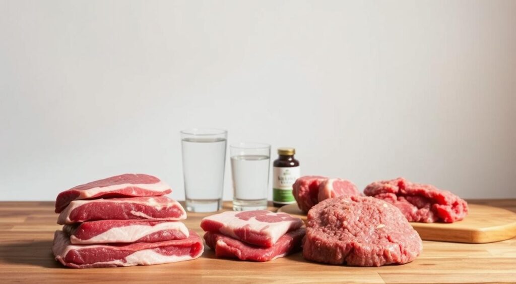 A detailed guide to the carnivore diet, presented in a clean, minimalist style. In the foreground, a stack of meat cuts, including ribeye, brisket, and ground beef, arranged neatly on a wooden surface. The middle ground features a simple glass of water and a few natural supplements, reflecting the essential elements of the diet. The background is a plain, light-colored wall, creating a calm, focused atmosphere. Soft, natural lighting illuminates the scene, emphasizing the high-quality, whole-food ingredients. The overall composition conveys the simplicity and discipline required to successfully adopt a carnivore diet lifestyle.