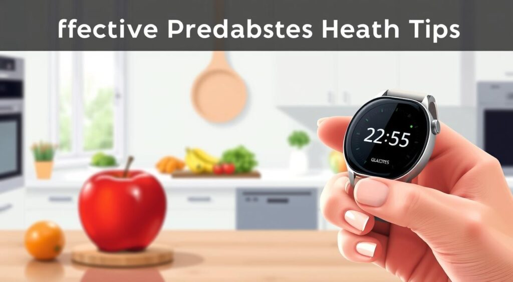 A detailed illustration of effective prediabetes health tips. A crisp, well-lit close-up of a hand holding a fresh apple, symbolizing healthy eating. In the middle ground, a smartwatch displays glucose levels, representing blood sugar monitoring. In the background, a simple, minimalist kitchen scene with clean, white countertops and fresh produce, conveying a sense of wellness and control. The overall mood is calm, empowered, and solution-oriented, perfectly suited to illustrate the 