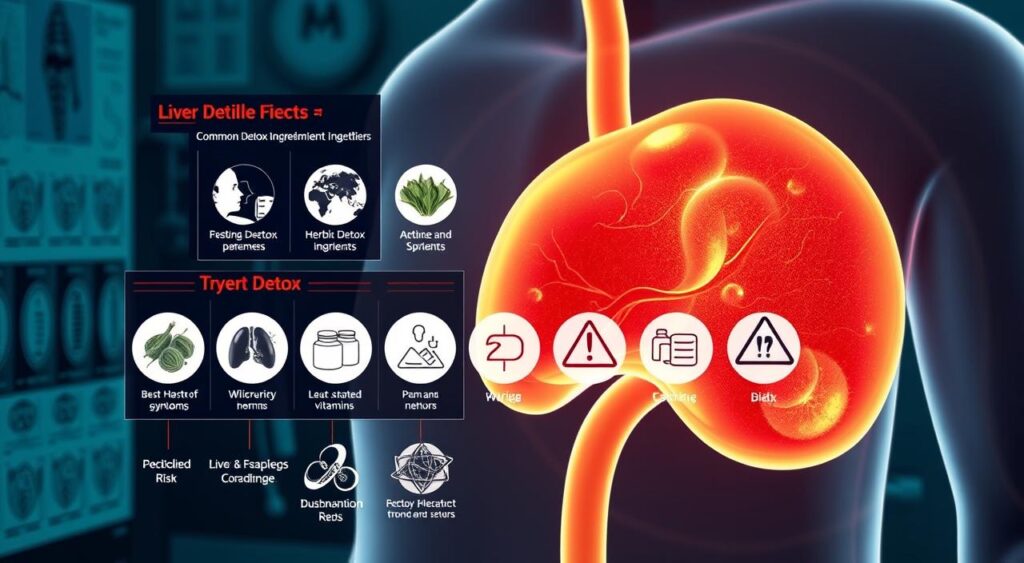 A detailed medical diagram showcasing the potential risks and side effects of liver detox products. In the foreground, a translucent human liver illuminated with a soft, warm light, highlighting its intricate structure. In the middle ground, a series of icons representing common detox ingredients like herbs, vitamins, and supplements, each surrounded by warning symbols. In the background, a clinical backdrop of diagnostic charts, graphs, and medical equipment, conveying a sense of scientific authority. The overall mood is one of cautious, evidence-based information, encouraging the viewer to approach liver detox claims with a critical eye.