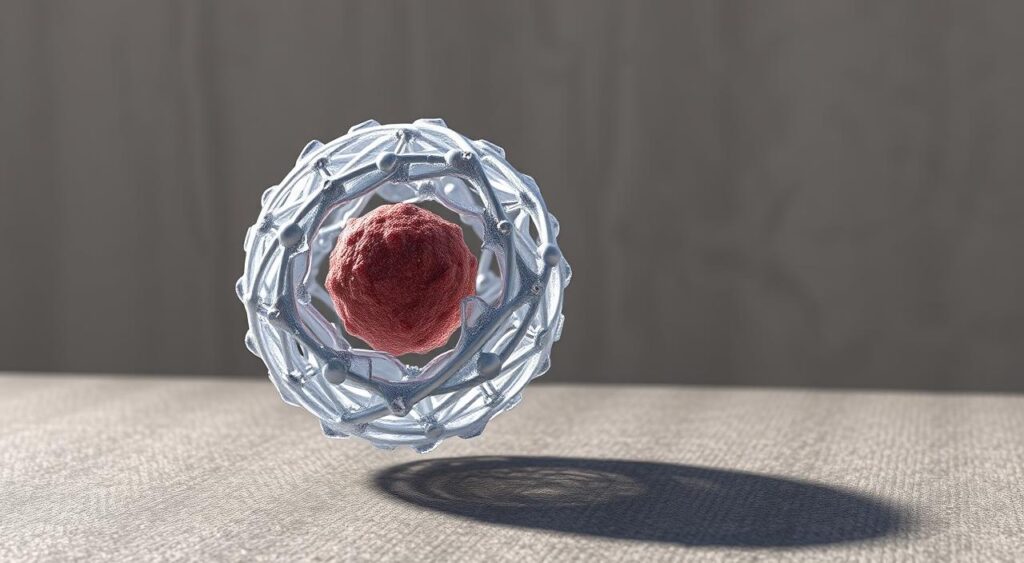 A detailed, three-dimensional rendering of a low-density lipoprotein (LDL) particle, showcased against a muted, textured background. The LDL particle is depicted with intricate precision, its spherical structure composed of a lipid core surrounded by a monolayer of phospholipids and embedded proteins. The particle is illuminated from the side, casting subtle shadows that accentuate its form and convey a sense of depth and realism. The overall mood is one of scientific precision and visual clarity, suitable for illustrating the 