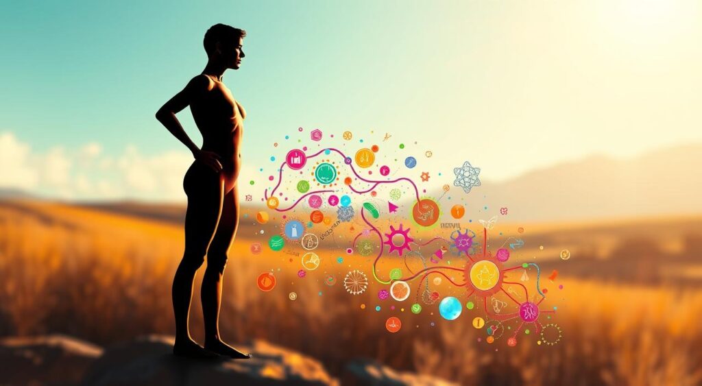 A detailed, vibrant illustration showcasing the essence of metabolic health. In the foreground, a stylized human figure stands with an active, energetic pose, symbolizing the vitality and balance of a well-functioning metabolism. The middle ground features a cascade of colorful, dynamic graphical elements representing the intricate processes of nutrient absorption, energy production, and metabolic regulation. In the background, a softly blurred landscape suggests the broader context of overall health and wellness. The lighting is warm and natural, creating a sense of balance and harmony. The composition is carefully crafted to convey the importance of metabolic health through a visually striking and conceptually meaningful image.