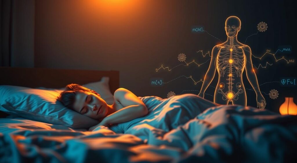 A dimly lit bedroom scene, showcasing the interplay between sleep quality and metabolic rate. In the foreground, a person sleeping soundly, their body resting in a comfortable position. Soft, warm lighting casts a gentle glow, creating a serene and calming atmosphere. In the middle ground, a visual representation of metabolic processes, with glowing energy pathways and subtly pulsing data visualizations. The background features a stylized depiction of the human endocrine system, with hormones and neurotransmitters interacting to regulate sleep and metabolism. The overall composition conveys the delicate balance between these two vital bodily functions.