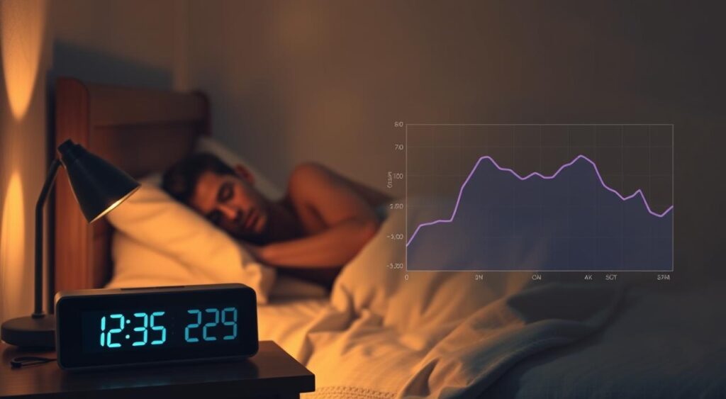 A dimly lit bedroom with a person tossing and turning in bed, their face expression showing signs of restlessness. In the foreground, a bedside table with a digital clock display showing poor sleep quality metrics. In the middle ground, a stylized visualization of a metabolic rate chart, depicting a downward trend. The background is hazy, with a sense of fatigue and lethargy permeating the scene. The lighting is warm and subdued, creating a somber, dreamlike atmosphere that encapsulates the connection between sleep disturbances and metabolic health.