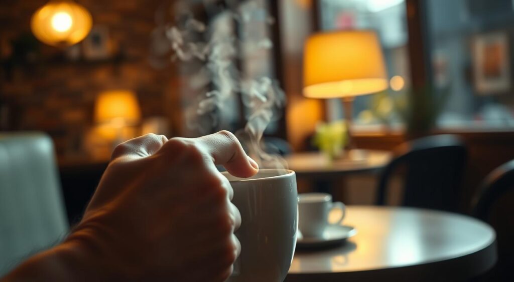 A dimly lit cafe interior, the warm glow of a table lamp casting a soft light on a steaming mug of coffee. In the foreground, a hand reaches for the mug, fingers tense with the weight of stress. The background blurs, focusing the viewer's attention on the interplay between the caffeine and the cortisol, the energizing and the taxing, the push and pull of the body's response to life's demands. The scene is imbued with a sense of contemplation, a moment of pause amidst the chaos, as the subject grapples with the relationship between their daily habits and their physiological state.