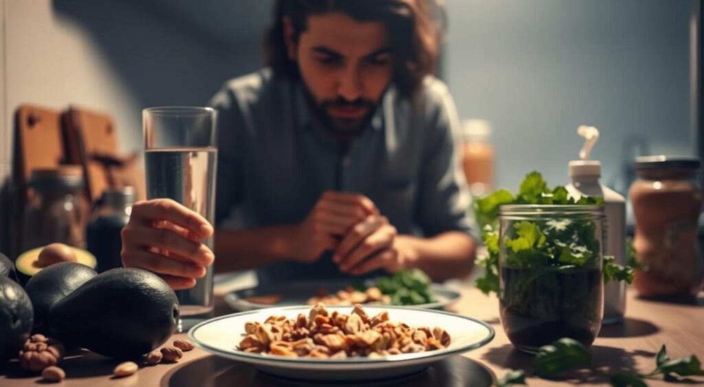 A dimly lit kitchen counter, cluttered with various keto-friendly ingredients - avocados, nuts, leafy greens, and a glass of water. In the foreground, a person's hands struggle to assemble a meal, their expression one of slight frustration. The background is hazy, evoking a sense of the daily challenges one faces when transitioning to a keto lifestyle. Soft, warm lighting casts subtle shadows, creating an atmosphere of introspection and determination. The overall scene conveys the potential obstacles of the keto diet, but also the perseverance required to overcome them.
