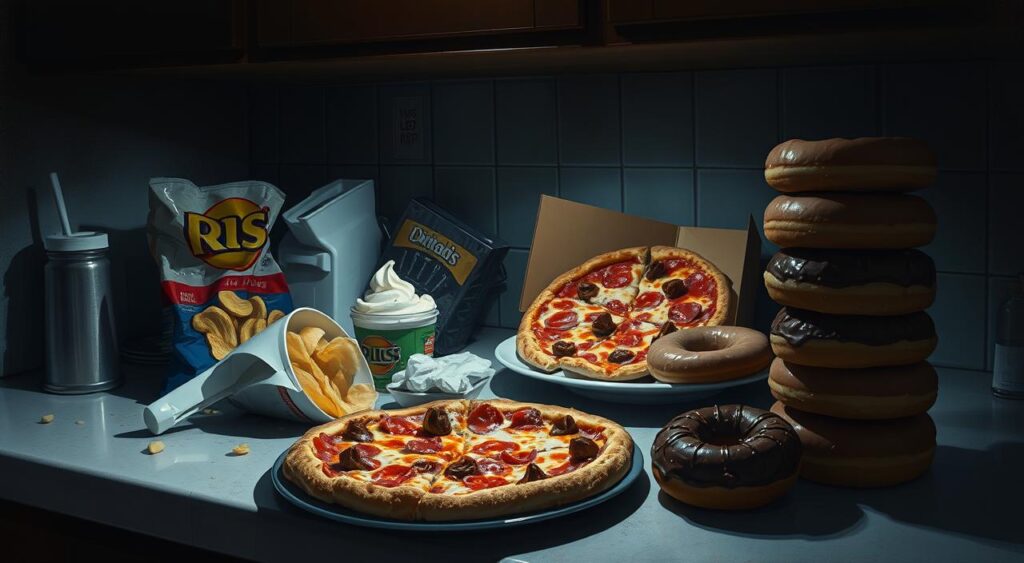 A dimly lit kitchen counter overflowing with tempting late-night snacks - a half-eaten bag of potato chips, a half-melted pint of ice cream, a plate of greasy pizza slices, and a stack of chocolate-frosted donuts. The muted lighting casts long shadows, creating an ominous atmosphere that warns against indulging in these unhealthy choices. The scene is captured from a low angle, emphasizing the overwhelming and potentially regrettable nature of these calorie-dense, nutrient-poor options. The mood is one of guilt and regret, a cautionary tale about the consequences of poor nighttime eating habits.