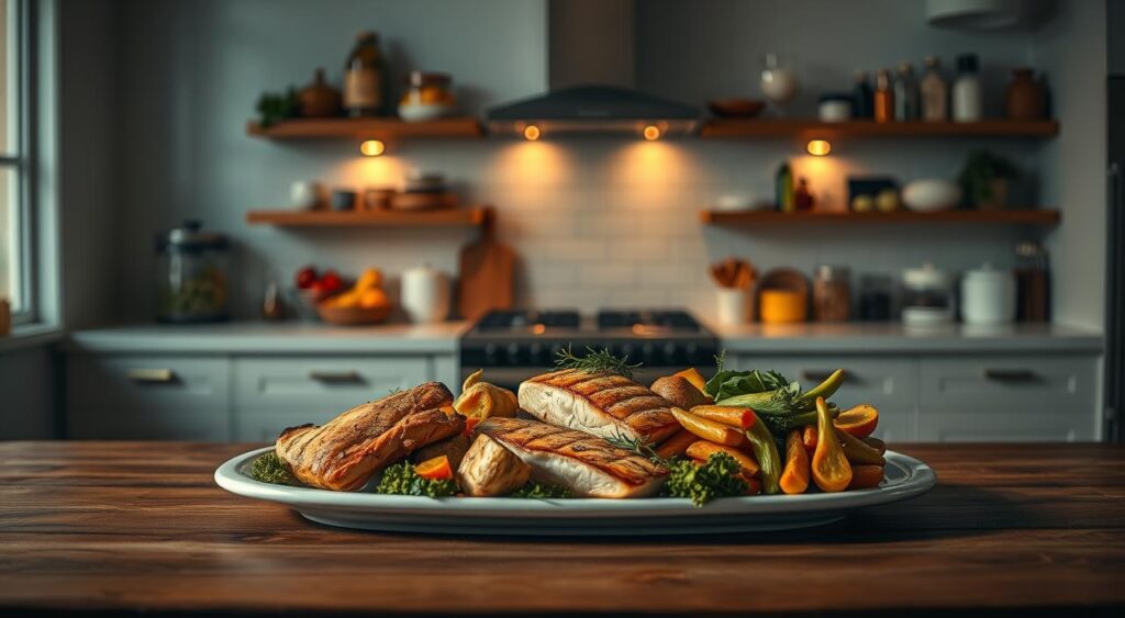 A dimly lit kitchen scene with a wooden table in the foreground, showcasing a variety of diabetic-friendly dinner options. In the center, a large platter displays an assortment of grilled chicken, baked salmon, and roasted vegetables, all arranged artfully. The background features a minimalist backsplash and shelves stocked with healthy ingredients, casting a warm, amber glow from strategically placed task lighting. The overall atmosphere is cozy and inviting, promoting a sense of nourishment and wellness. A dimly lit kitchen scene with a wooden table in the foreground, showcasing a variety of diabetic-friendly dinner options. In the center, a large platter displays an assortment of grilled chicken, baked salmon, and roasted vegetables, all arranged artfully. The background features a minimalist backsplash and shelves stocked with healthy ingredients, casting a warm, amber glow from strategically placed task lighting. The overall atmosphere is cozy and inviting, promoting a sense of nourishment and wellness.