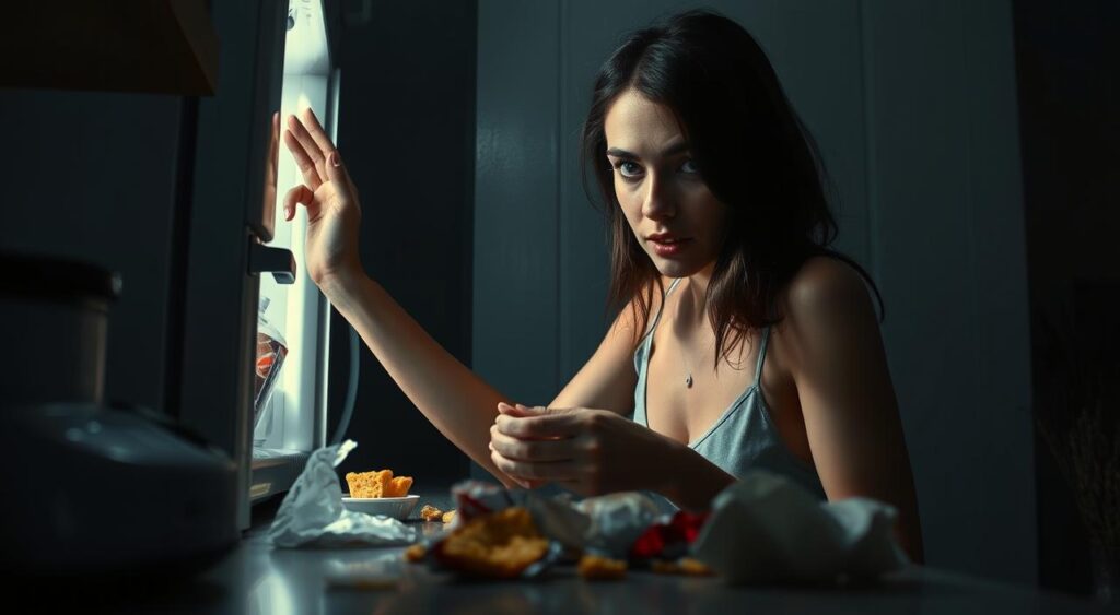 A dimly lit kitchen, the soft glow of a refrigerator illuminating a person's face as they reach for a late-night snack. The countertop is scattered with crumpled wrappers and half-eaten treats, a testament to the midnight cravings. The person's expression is one of guilty pleasure, caught in the act of indulging their late-night urges. The scene is shot from a low angle, accentuating the sense of secrecy and the inner battle between self-control and temptation. The image conveys the universal experience of the late-night snack, a moment of indulgence that is both comforting and regretful.