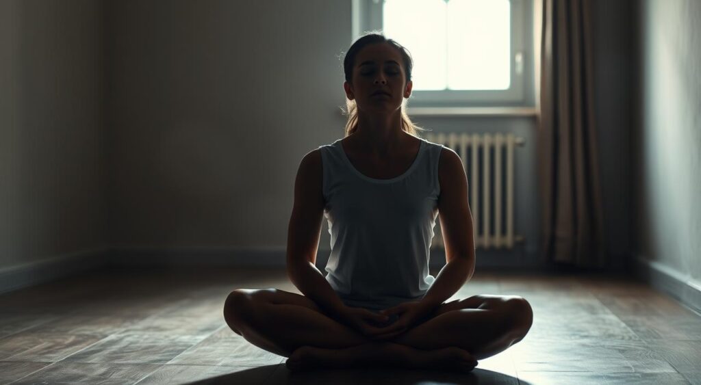 A dimly lit room, soft natural light filtering through a window, casting a warm glow on a person sitting cross-legged on the floor, deep in contemplation. The figure's face is tranquil, eyes closed, hands resting on their lap, signifying the state of focused introspection during an intermittent fasting period. The background is minimal, hazy, and muted, drawing the viewer's attention to the central figure and the act of conscious self-discipline. The scene evokes a sense of serenity, inner balance, and the mental clarity that can emerge from the practice of intermittent fasting.